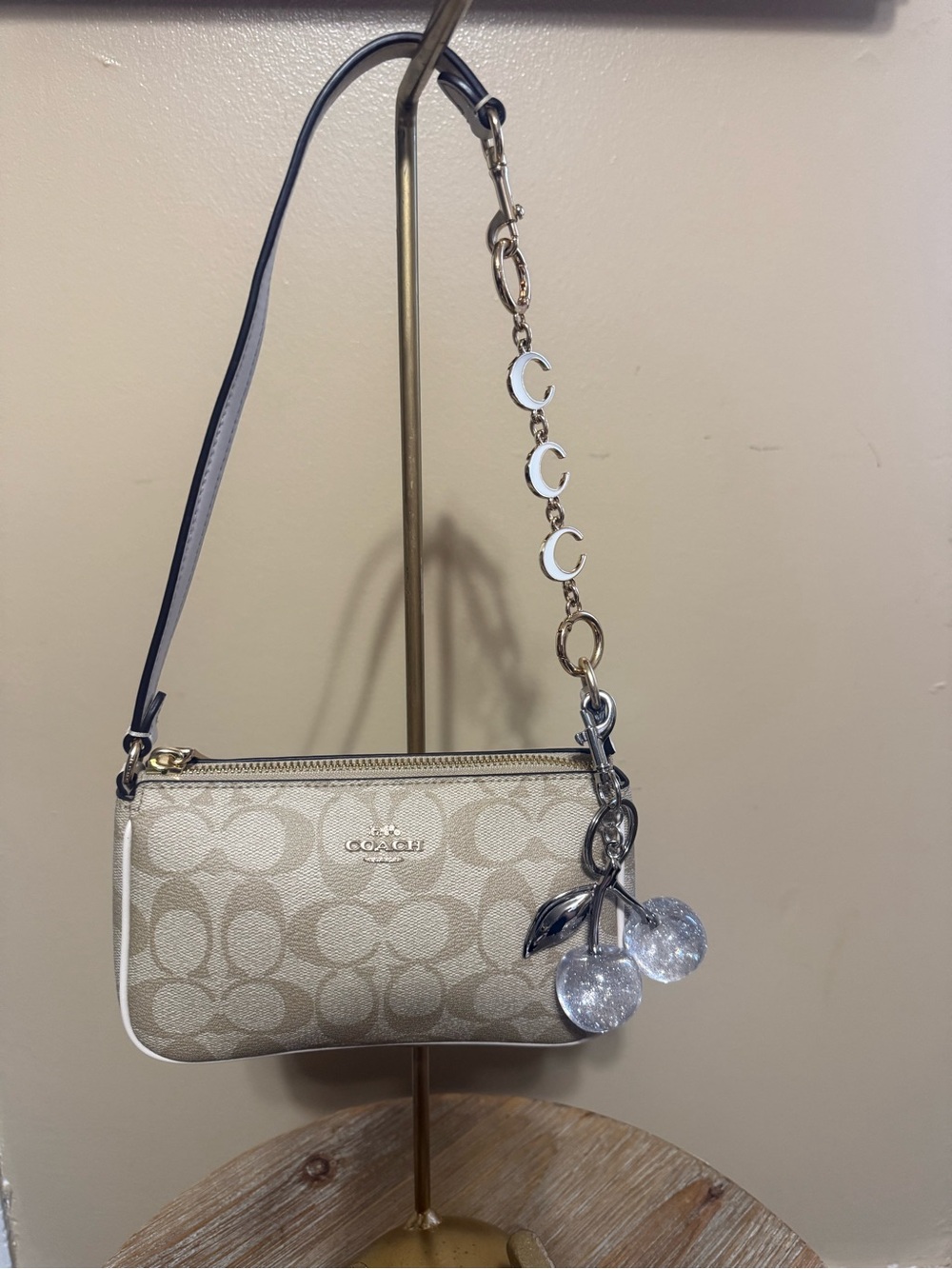 Coach Beige Signature Crossbody with Navy Strap and Charm Cherries not included